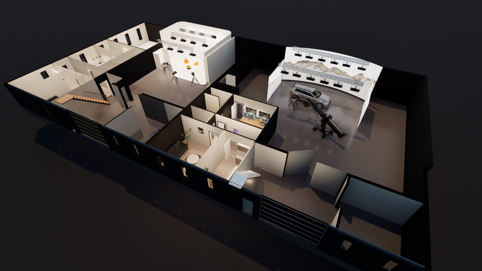 Cutaway render of the Nextnew Studio facility showing both stages and support spaces